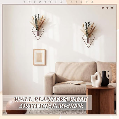 Jexine 8 Pcs Hanging Planters with Artificial Pampas Metal Hanging Vase Indoor Plants Holder Modern Geometric Boho Bathroom Wall Decor for Living Room Home Office(Bronze)