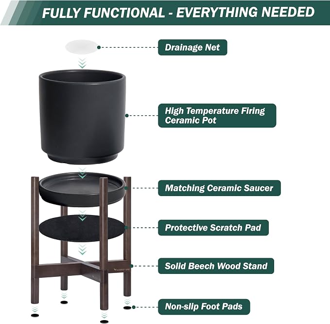 D'vine Dev Ceramic Planter with Walnut Color Stand - 10 Inch Modern Round Flower Pot with Wood Planter Holder, Black, 55-B-X-2