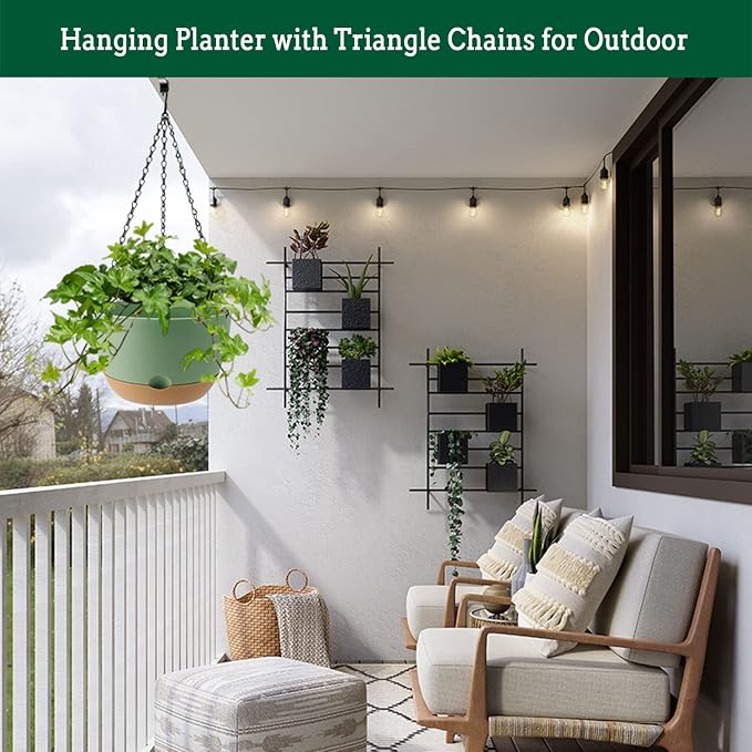 Koalaime Hanging Planter Self Watering 10 Inch, 2 Pack Indoor Outdoor Hanging Baskets, Hanging Flower Pots with Drainage Hole & 2 Kinds of Plant Hangers for Garden Home Decor(Green)…