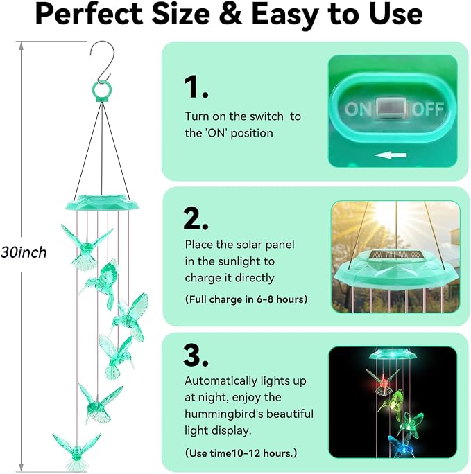 Wind Chimes,Hummingbird Solar Wind Chimes for Outside, Memorial Wind Bell for Garden/Patio Mobile Decorative Thanksgiving Gifts for Mom, Wife, Grandma Neighbors(Green 28")