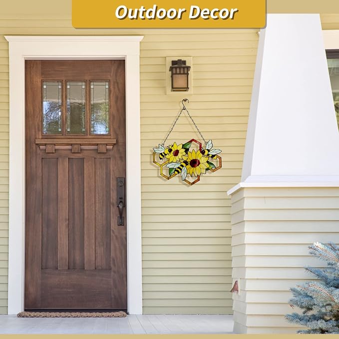 Metal Bee Wall Decor Wall Art On The Bathroom living Room Outdoor Fence Decorations With Silhouette Ornament Branch Wall Hanging Sign For Balcony Garden Decor 15" x 12" (bee flowers)
