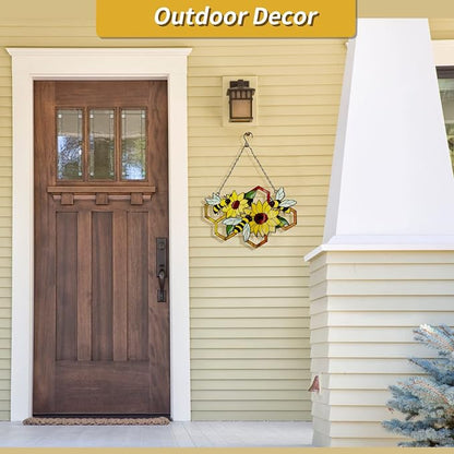 Metal Bee Wall Decor Wall Art On The Bathroom living Room Outdoor Fence Decorations With Silhouette Ornament Branch Wall Hanging Sign For Balcony Garden Decor 15" x 12" (bee flowers)