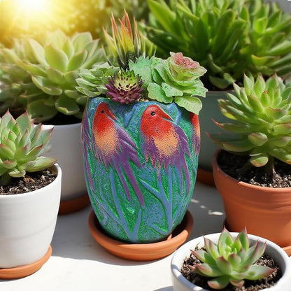 6.2" H Ceramic Flowerpot with Bird Pattern, Green Glazed Oval Planter, Boho Indoor Outdoor Succulent Container with Drainage Hole