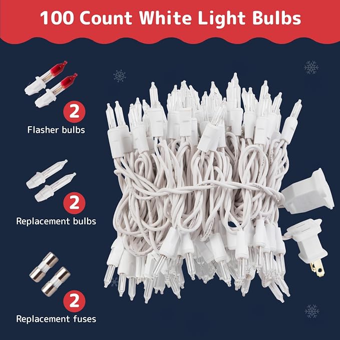 PREXTEX 100-Count Ultra Bright Christmas Lights - 20 ft Clear StringLights on White Wire - Incandescent Xmas TreeLights for Indoor and Outdoor Decorations (Pack of 2)