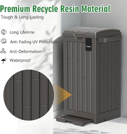Outdoor Trash Can, 30 Gallon Garbage Can with Tiered Lid and Drip Tray, Waterproof Resin Waste Bin for Patio, Garden, Backyard, Deck, Brown