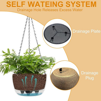 SUNNYPARK 2 Pack Solar Hanging Planters for Plants Outdoor | Self Watering, Copper Flower Pots with Solar Light, Hanging Garden Planters with Drainer for Balcony Patio Outdoor Decor