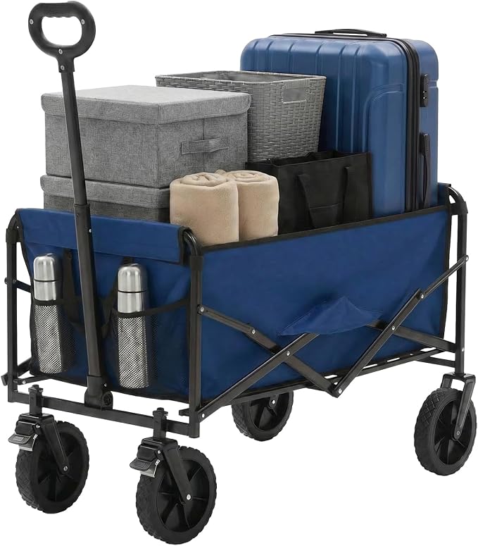 OLIXIS Collapsible Wagon 102L Standard Heavy Duty Utility Folding Wagon Cart with Lockable Brake Wheels – 330 lbs Weight Capacity, Flexible Handle for Beach, Grocery, Camping, Sports & Garden, Blue