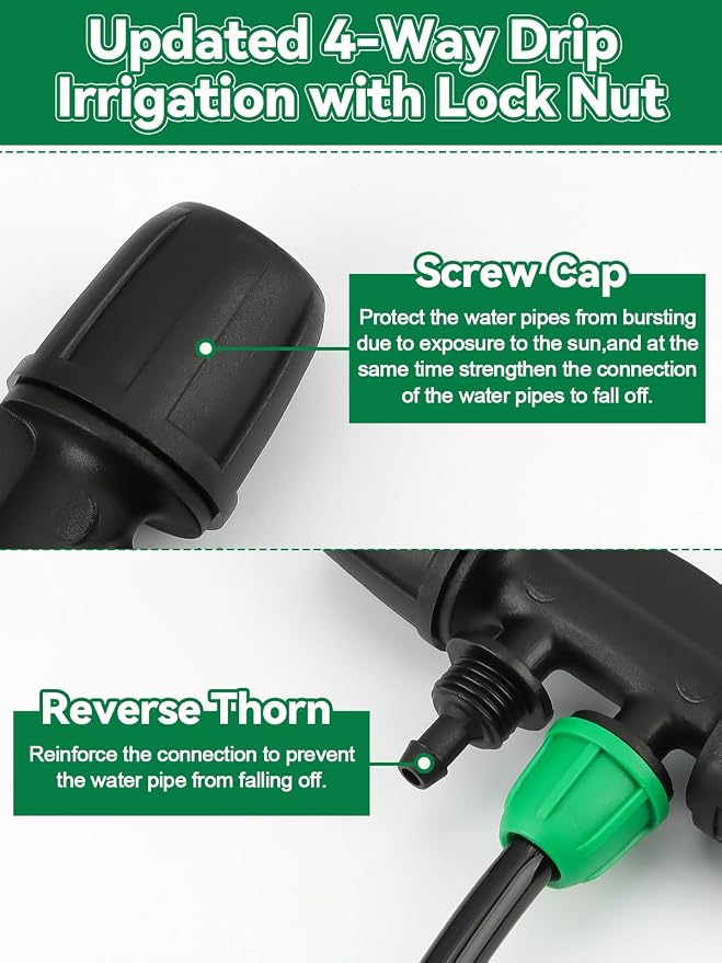 Kalolary 20PCS Locked Barbed Tee Connectors, 5/16" to 1/4" Drip Irrigation Fittings Kit 8/12mm to 4/7mm Tube Lock Female Connector 4-Way Barbed Lock Irrigation Parts for Watering System (Black Green)