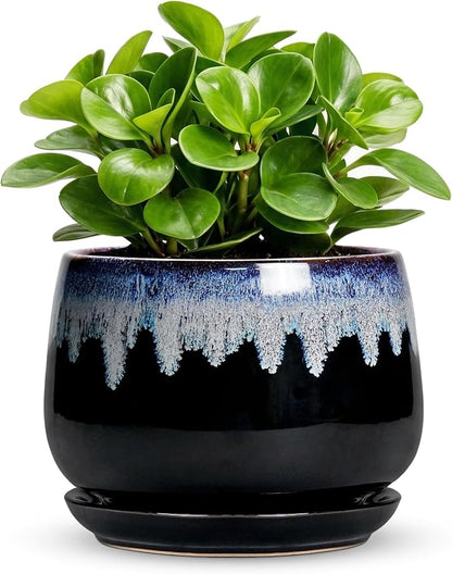 6 Inch Plant Pot - Ceramic Planters for Indoor Plants, Decorative Planter with Drainage Hole and Saucer, Round Flower Pots, Office Patio Decor, Gifts for Gardeners Woman, Black-Blue