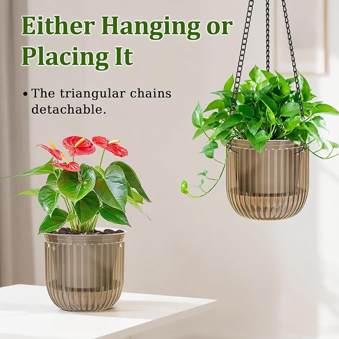 Halatool 2 Pack 6.5 Inch Self-Watering Hanging Planters for Indoor Plants, Outdoor Flower Pots with 2 Metal Chains, Visible Water Level Indicator & Drainage Holes for Wall, Garden, Home (Starry Gray)