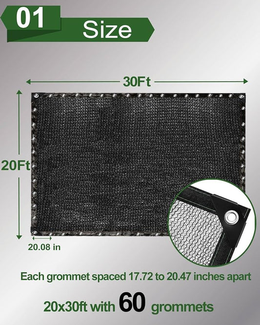 30% Sunblock Shade Cloth Net Black Resistant - 20x30 Ft Garden Shade Mesh for Plant Cover, Greenhouse, Chicken Coop, Kennels, Tomatoes Plants