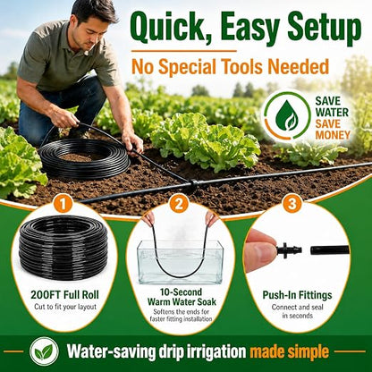 1/4 Drip Irrigation Tubing 200FT, Dripline Tubing with 6 Inch Emitter Spacing, Built-in 0.5 GPH Drippers, 1/4 Irrigation Tubing Drip Line with Fittings and End Plugs for Raised Beds, Garden Rows