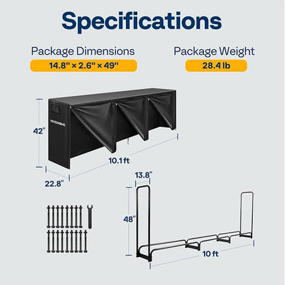 VIVOHOME 10 ft Heavy Duty Firewood Rack Outdoor with Cover, Fire Wood Storage Rack, Log Holder and Cover Combo Set with Zipper, Black