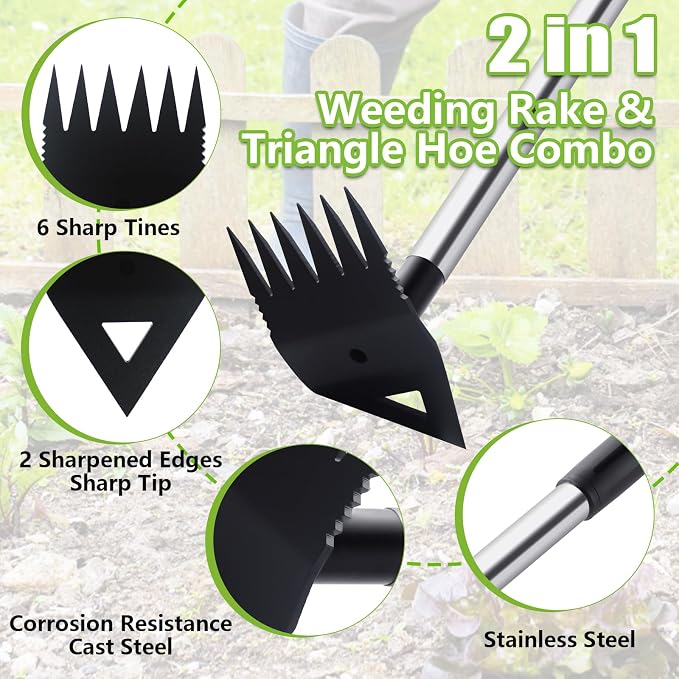 Weed Puller Tool with Long Handle, Hoe Garden Tool Weeding Rake Combo for Uprooting, Garden Hoe, Weed Remover Manual Hand Weeder for Yard Flower Bed(Black)