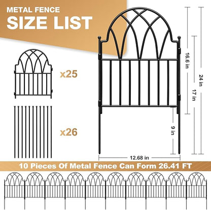 25 Pack Decorative Garden Fence Panels - 26.41Ft Arched Landscape Border with Floral Design, Rustproof No-Dig Animal Barrier Fence Panels for Yard Edging Flower Bed Patio Dog Run Area&Outdoor