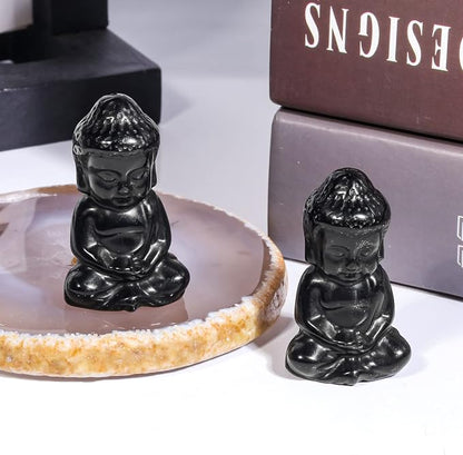 Rockcloud Handcarved Black Obsidian Pocket Stone Baby Buddha Crystal Statue | for Home Decoration Zen Garden Spiritual Feng Shui Figurine