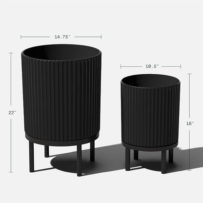 Veradek Demi Series Round Planter w/Stand for Porch/Patio | Durable Plastic-Stone Composite & Wooden Stand | Modern Décor for Tall Plants, Flowers
