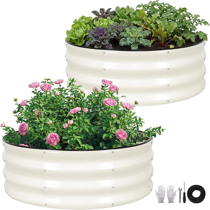 Galvanized Raised Garden Bed Outdoor, Round Metal Planter Boxes 2 Pcs, 3x3x1ft Steel Raised Bed Kit for Planting Vegetables, Fruits, Flowers(White)