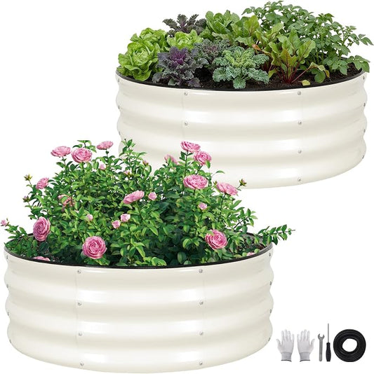 Galvanized Raised Garden Bed Outdoor, Round Metal Planter Boxes 2 Pcs, 3x3x1ft Steel Raised Bed Kit for Planting Vegetables, Fruits, Flowers(White)