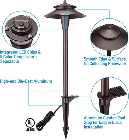 LEONLITE 6-Pack 5CCT Low Voltage LED Pathway Lights, Double Layer Head | 12-24V AC/DC, IP65, Landscape Path Lights, for Walkway Yard Garden, 1800/2700/3000/4000/5000K, Oil Rubbed Bronze, Aluminum