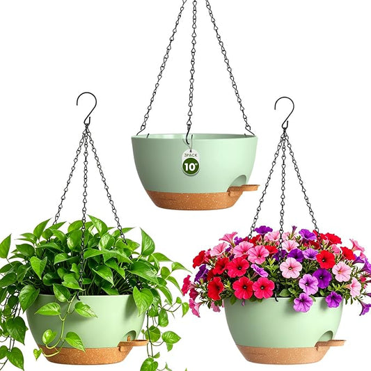 10 Inch Self-Watering Hanging Planters Set of 3 with Saucers | Set of 3 10-inch self-watering hanging planters with extra growing space, side-fill ports, chain hangers & snap-on saucers