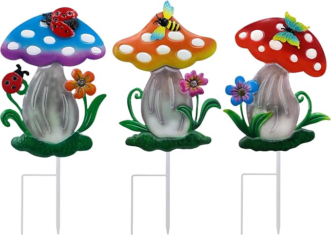 Decorative Garden Stakes, 3 Pack Mushroom Lawn Ornaments Metal Garden Stakes, Colorful Yard Art for Garden, Lawn, Porch.