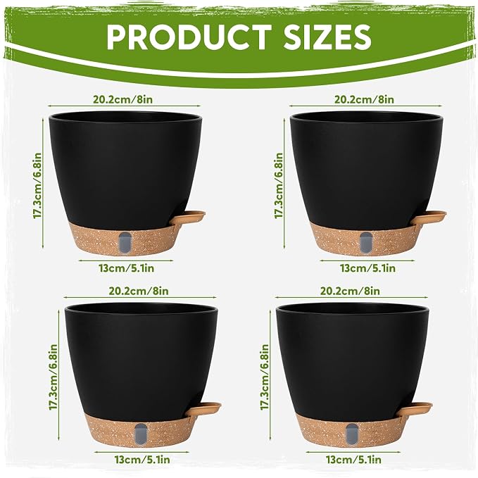 8 Inch Self Watering Pots for Indoor Plants, Plastic Planters with Deep Reservoir & Drainage Holes, Flower Pots for Monstera, Snake Plant & Peace Lily, Worry-Free Vacation Care (Black, 8 inch)
