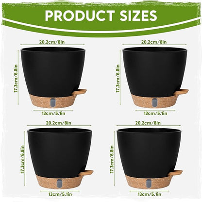 8 Inch Self Watering Pots for Indoor Plants, Plastic Planters with Deep Reservoir & Drainage Holes, Flower Pots for Monstera, Snake Plant & Peace Lily, Worry-Free Vacation Care (Black, 8 inch)