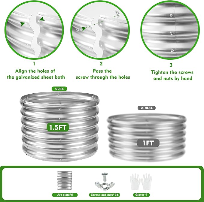 YSEJOMP 17" Tall 24" Diameter Round Raised Garden Bed Kits Outdoor Silver | 1.5 FT Tall,2FT Planter Bed for Flowers,Herbs,Vegetables,Trees,0.8MM Thick Galvanized Metal,with Gloves,Tool free