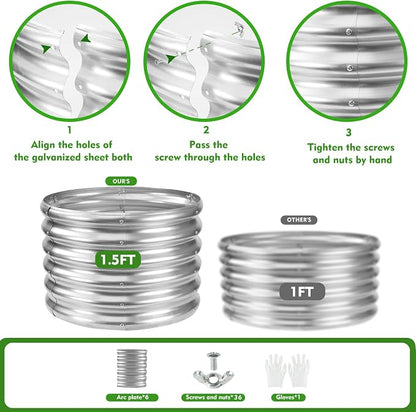 YSEJOMP 17" Tall 24" Diameter Round Raised Garden Bed Kits Outdoor Silver | 1.5 FT Tall,2FT Planter Bed for Flowers,Herbs,Vegetables,Trees,0.8MM Thick Galvanized Metal,with Gloves,Tool free
