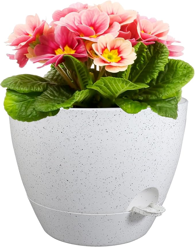 Meowell 12 inch Large Self Watering Pots for Indoor Outdoor Plants, Plant Pots with Mesh Drainage Holes for Garden House Plants, Plastic Planters with Reservoir for Flower, Speckled White