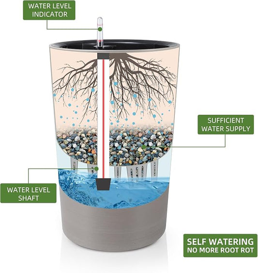 Dexceder 16x12 Self Watering Tall Planter (Coffee, Wire Drawing) | High Cylinder, Thickened Large Floor Standing Flower Plant Pot with Water Level Indicator Indoor Outdoor