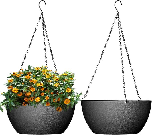 WSMKSZ 13 inch Large Hanging Planters Plant Pots for Outdoor Indoor Plants with Drainage Holes and Chain, 2 Pack Round Hanging Flower Pots for Garden Home Porch Decor, Black