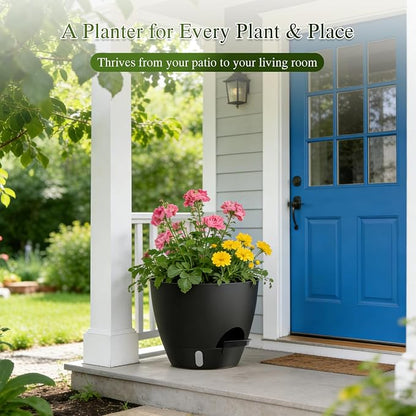 Plant Pots, 1 Pack 12 Inch Self Watering Pots with Drainage Holes, Water Level Indicator Deep Reservoir, Large Planters for Indoor Outdoor Plants - Black