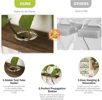 XXXFLOWER Wall Hanging Propagation Station with Wooden Stand 5 Glass Test Tubes 3 Tiered Planters Wall Terrarium for Home Office Plant Hanger Flower Vases Wall Decor Hydroponic Cuttings