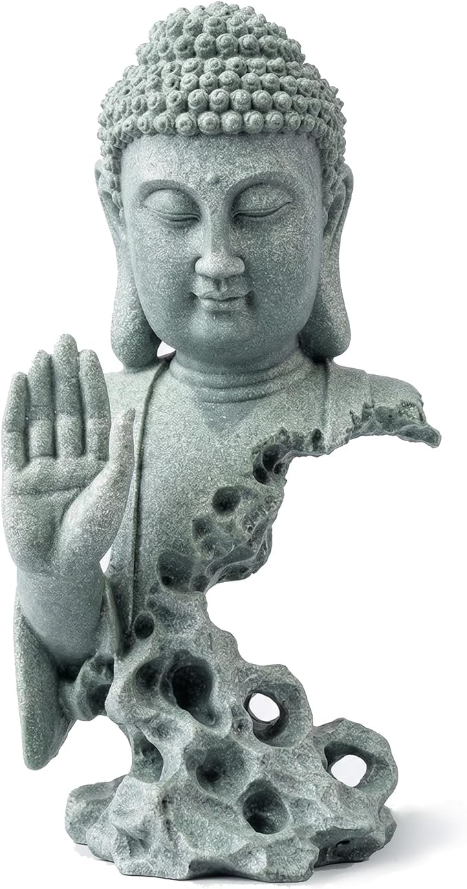 Buddha Head Statue Natural Sandstone Material for Aquarium Decorations Garden Statue Zen Ornament Outdoor Courtyard Decor Meditation Fish Tank Indoor Feng Shui Gift (7.9''H-Fearless Buddha)