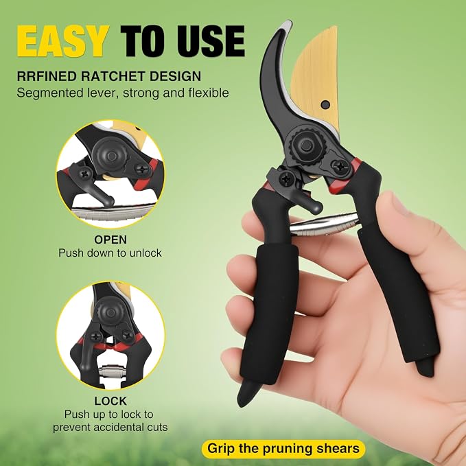 Yesker Pruning Shears for Gardening 8" Professional Bypass Garden Scissors Yard Clippers with Sharp Carbon Steel Blade Heavy Duty Hand Pruners for Branch Flower Plant Trimming Cutting Gardening Tools