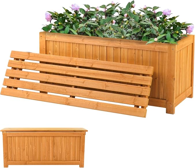 VINGLI 41" Raised Garden Bed with Wooden Bench Lid, Multi-Functional Rectangular Wood Planter Box, Cedar Wood Outdoor Planter Boxes for Flower Vegetable Herb Gardening