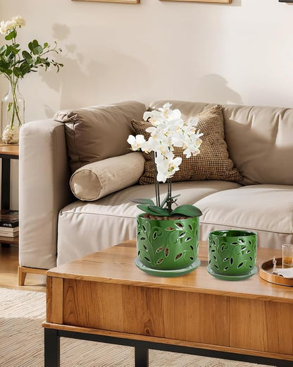 EFISPSS Orchid Pot with Holes, 5+6Inch Ceramic Plant Pots with Drainage Holes and Tray, Promoting Air Circulation and Drainage, Indoor/Outdoor Flower Pots-Green