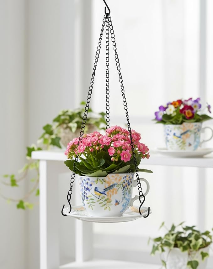 TEATALK Hanging Planters for Indoor Plants, Ceramic Pots with Drainage Hole, 4 Inch Hanging Planter with Chain, Outdoor Hanging Baskets for Plants, Birds & Flowers, Cup Shape