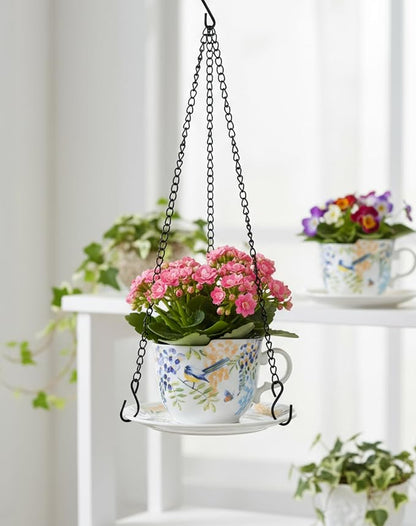 TEATALK Hanging Planters for Indoor Plants, Ceramic Pots with Drainage Hole, 4 Inch Hanging Planter with Chain, Outdoor Hanging Baskets for Plants, Birds & Flowers, Cup Shape