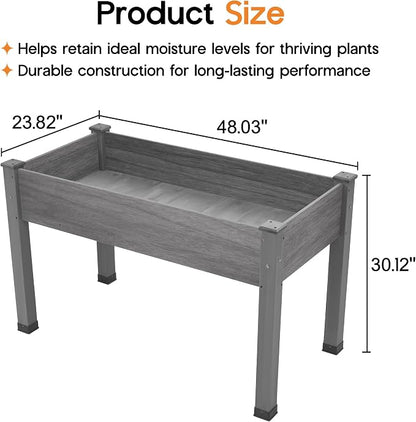 SPECRAFT 48 x 24 x 30 Inches Raised Garden Bed with Legs, 5 Cu Ft Wooden Planter Box with Drainage Holes & Liner, Outdoor Raised Garden Beds for Patio Backyard Gardening, Gray