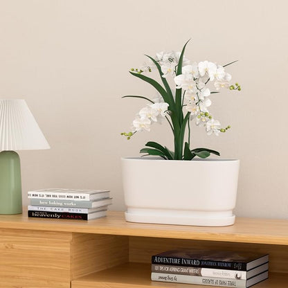 13" Rectangular Ceramic Planter with Drainage and Saucer, White | Indoor Outdoor Use, 13"L x 5.5"W x 6.3"H, Modern Home Decor, Window Box Planter, Matte White