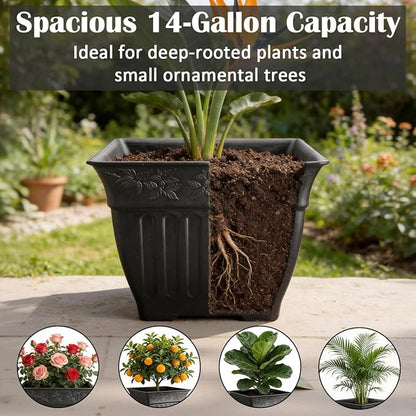 BTPLASTIK 18 inch Large Square Planter for Plants - 4 Pack Decorative Black Plastic Flower Pots with Drainage Holes & Raised Base, 14 Gallon Vintage Garden Pot for Outdoor, Patio, Porch (15" Tall)