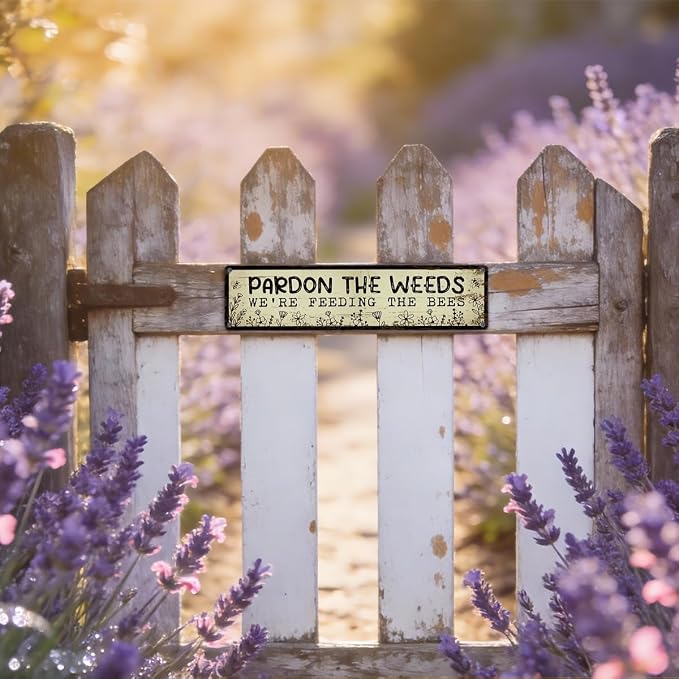 Funny Metal Tin Sign, Pardon the Weeds We are Feeding the Bees Sign, Vintage Farmhouse Wall Art, for Garden Yard Fence Porch, Rustic Outdoor Garden Decoration, 15.7 x 3.9 Inches
