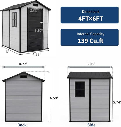 4x6 ft Outdoor Resin Storage Shed with Floor, Lockable Door & Window, Sloping Roof, Plastic Outdoor Sheds with Floor Garden Shed for Backyard Patio Lawn Mower Bike Tool Storage