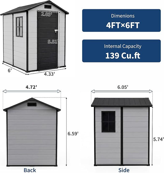 4x6 ft Outdoor Resin Storage Shed with Floor, Lockable Door & Window, Sloping Roof, Plastic Outdoor Sheds with Floor Garden Shed for Backyard Patio Lawn Mower Bike Tool Storage