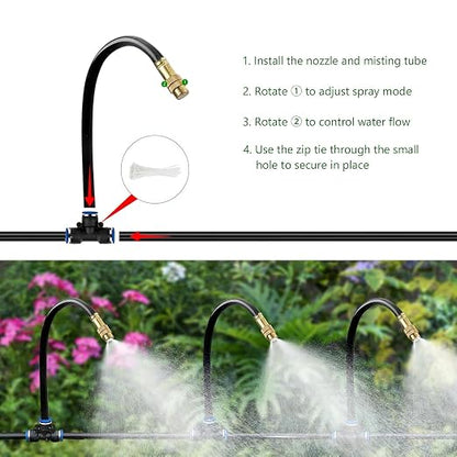 50FT Drip Irrigation System for Garden – Automatic Watering Kit with Solid Brass Metal Connectors, 360° Bendable Tubing &16 Adjustable Nozzles for Greenhouse, Lawn, Yard & Plants