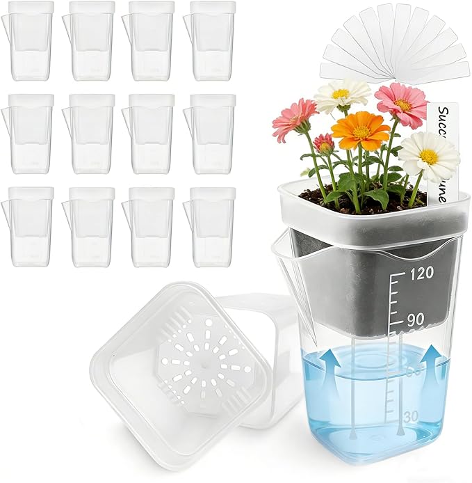 12 Pack 2.5" Small Self Watering Pots for Indoor Plants, Mini Clear Plastic Planters, Semi-Hydro, Propagation, Cuttings, Seedlings, Hoya, African Violets, Alocasia, LECA, PON,12 Plant Label (2.5-inch)