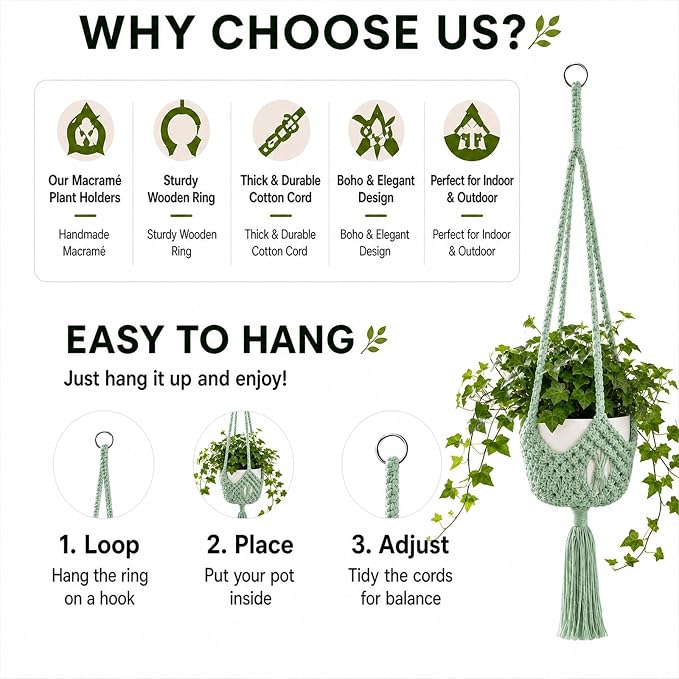 Shappy 1 Pack Boho Macrame Plant Hanger, Large Hanging Planter Plant Holder Pot Hanger Hanging Basket Wall Planters, Plants Lover Gift for Indoor Garden (Spiral Knot,Sage Green)